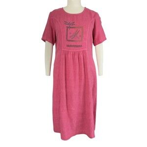 VTG Blue Fish Linen Dress L Coral Southwestern Dragonfly Graphics Lagenlook BOHO